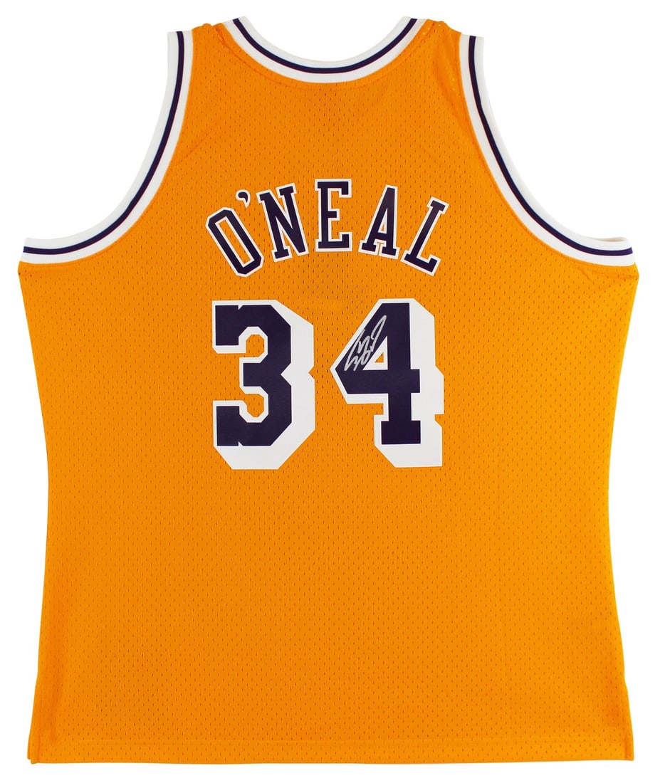 Shaquille O'Neal Signed Lakers Yellow 1996-97 Swingman Jersey Beckett Authenticated: Shaquille O'Neal Signed Lakers Yellow 1996-97 Swingman Jersey Beckett Authenticated This is an autographed yellow Mitchell & Ness 1996-97 Throwback Hardwood Classics Swingman Jersey personally signed 