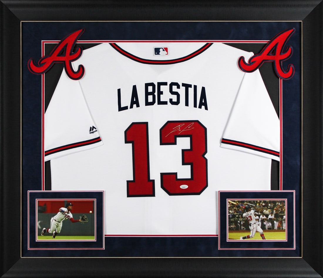 Framed White Ronald Acuna Jr Atlanta Braves Jersey Signed JSA: Framed White Ronald Acuna Jr Atlanta Braves Jersey Signed JSA Professionally framed white pro style jersey personally signed by Ronald Acuna Jr. of the Atlanta Braves. This original autograph is authe