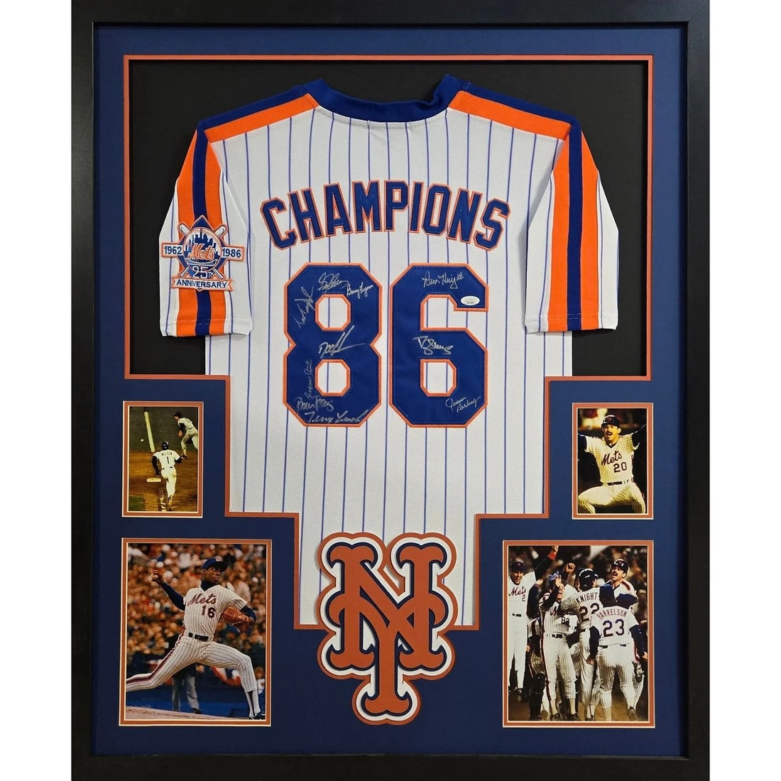 1986 Mets Signed Framed Jersey JSA Authenticated 10 Signatures: 1986 Mets Signed Framed Jersey JSA Authenticated 10 Signatures Celebrate the legendary 1986 Mets team with this framed autographed jersey, signed by 10 members of the iconic roster. The jersey comes w