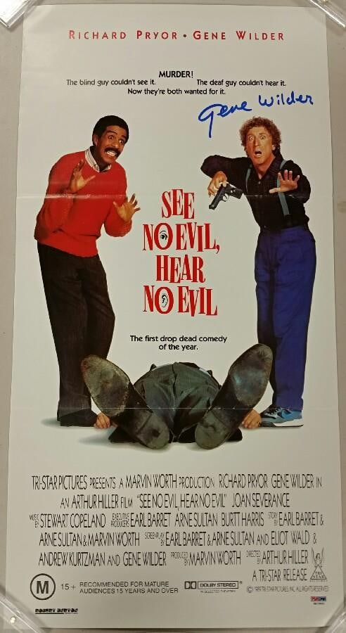 See No Evil Hear No Evil 13x26 Poster Signed by Gene Wilder PSA DNA Authenticated: See No Evil Hear No Evil 13x26 Poster Signed by Gene Wilder PSA DNA Authenticated This is an original 13x26 movie poster for 'See No Evil, Hear No Evil,' featuring the authentic signature of Gene Wild
