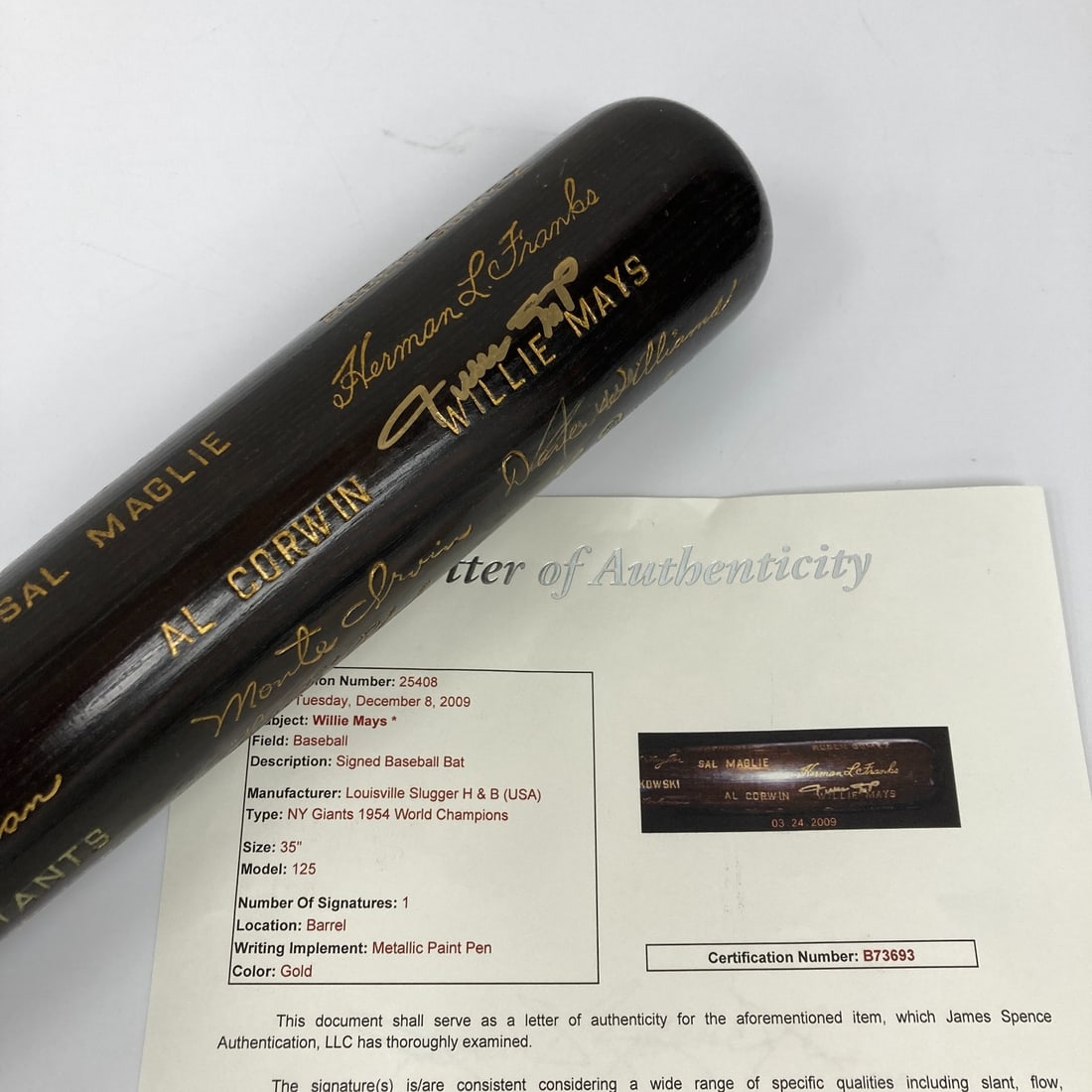 Willie Mays Signed 1954 World Series Bat JSA COA Limited Edition (1 of 13)