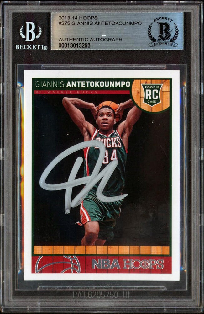 Giannis Antetokounmpo Autographed 2013-14 Hoops Rookie Card Beckett Authenticated: Giannis Antetokounmpo Autographed 2013-14 Hoops Rookie Card Beckett Authenticated This 2013-14 Hoops #275 rookie card features Giannis Antetokounmpo of the Milwaukee Bucks and has been personally sign