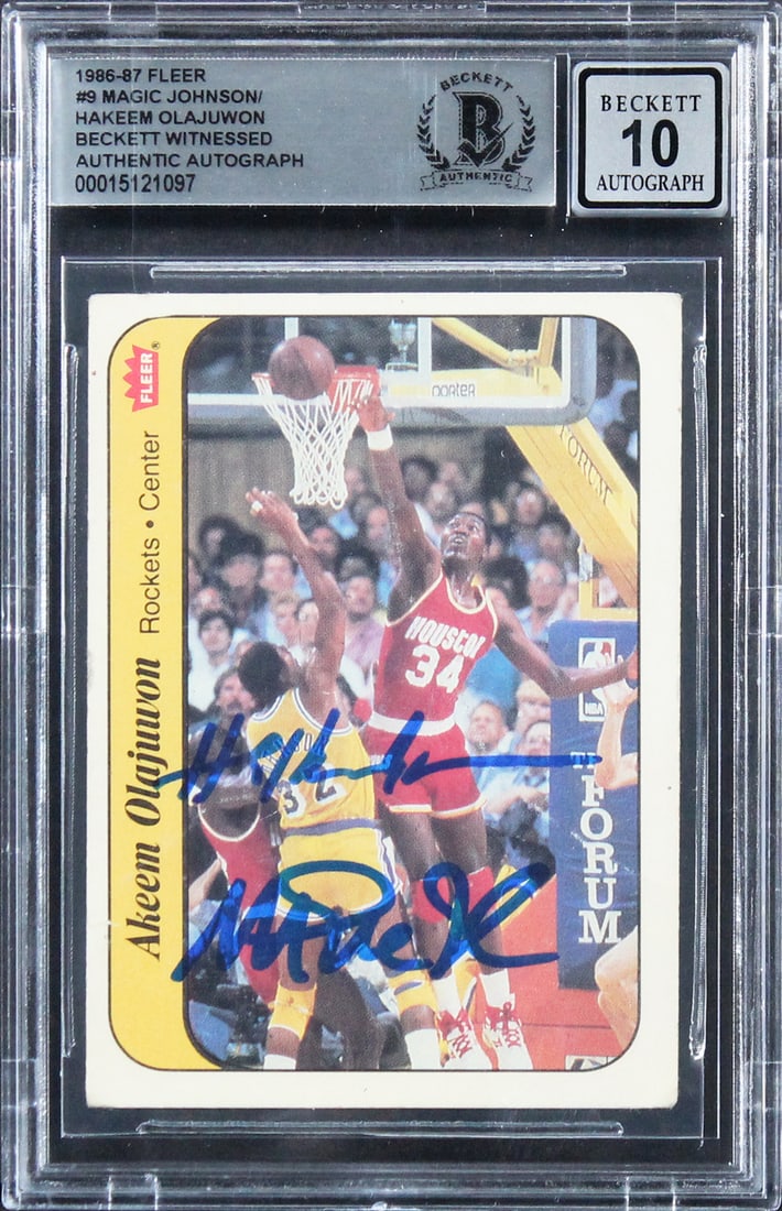 1986 Fleer Number 9 Card Signed by Magic Johnson and Hakeem Olajuwon BAS 10: 1986 Fleer Number 9 Card Signed by Magic Johnson and Hakeem Olajuwon BAS 10 This 1986 Fleer #9 basketball card has been personally signed by both Magic Johnson and Hakeem Olajuwon. The card is authent