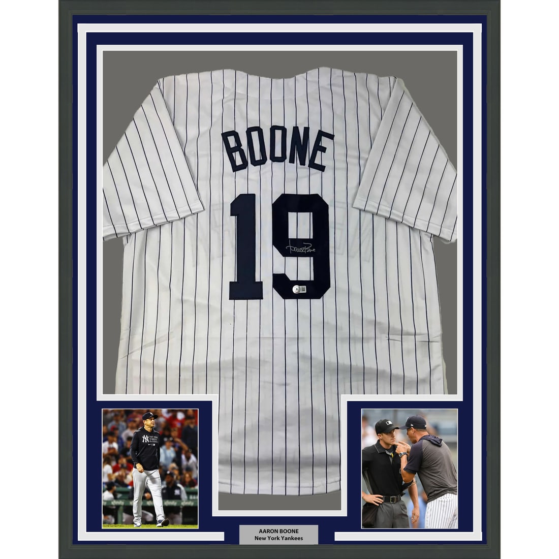 Framed Aaron Boone Signed Pinstripe Jersey with BAS COA: Framed Aaron Boone Signed Pinstripe Jersey with BAS COA Celebrate the legacy of Aaron Boone with this professionally framed and matted autographed pinstripe baseball jersey. This eye-catching display 