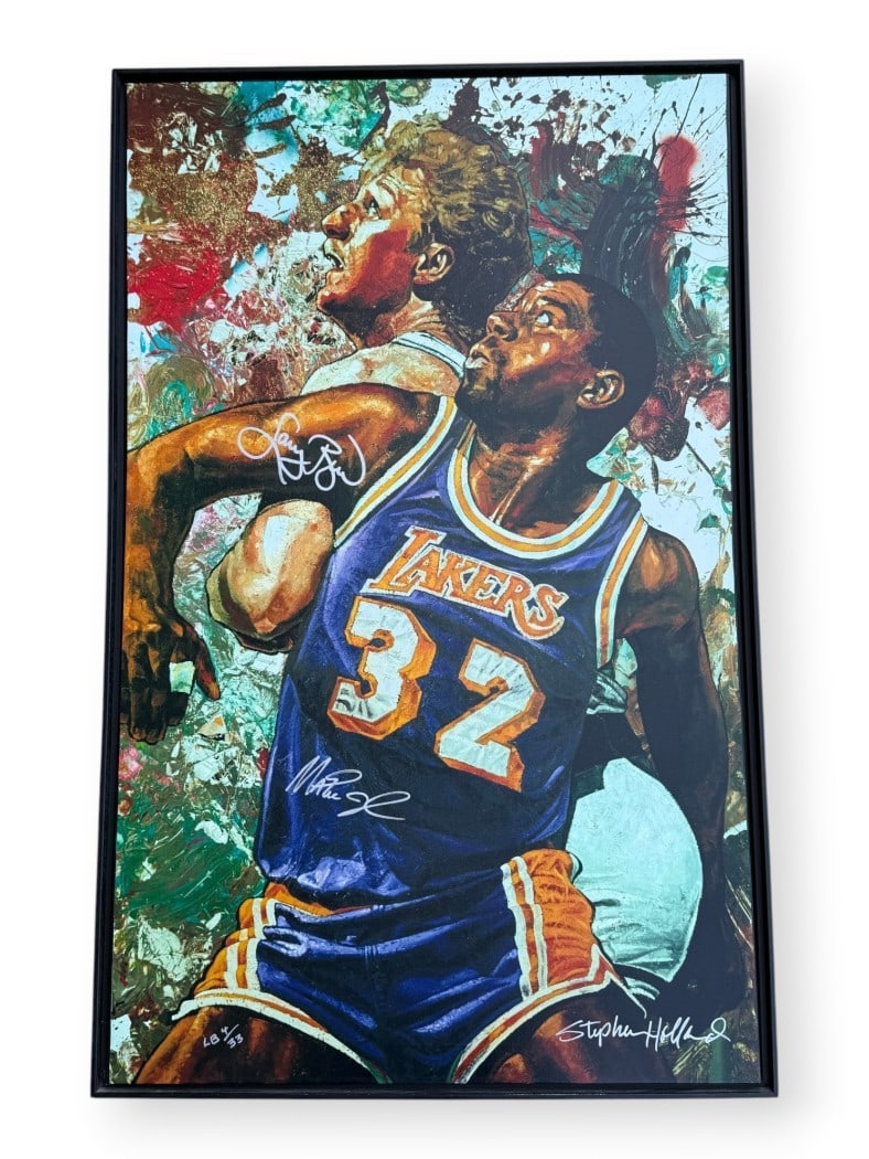 Stephen Holland Signed Canvas Featuring Magic Johnson and Larry Bird 4 of 33 Framed: Stephen Holland Signed Canvas Featuring Magic Johnson and Larry Bird 4 of 33 Framed This framed canvas features original autographs from Magic Johnson and Larry Bird, legendary players of the Los Ange