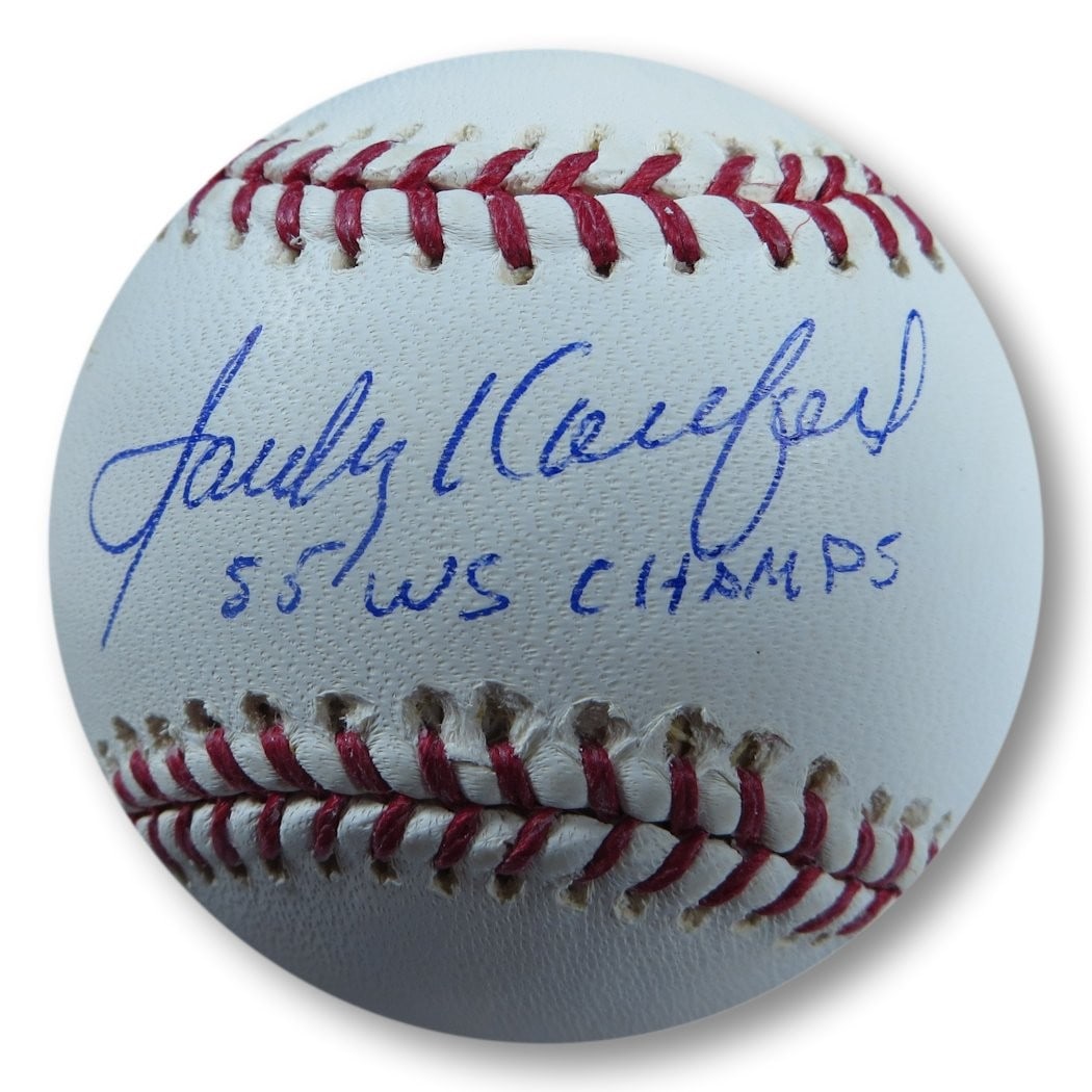 Sandy Koufax Autographed Baseball Dodgers 1955 WS Champs JSA Certified: Sandy Koufax Autographed Baseball Dodgers 1955 WS Champs JSA Certified This is an original autographed baseball by Sandy Koufax, a legendary pitcher for the Brooklyn Dodgers. The ball features the ins