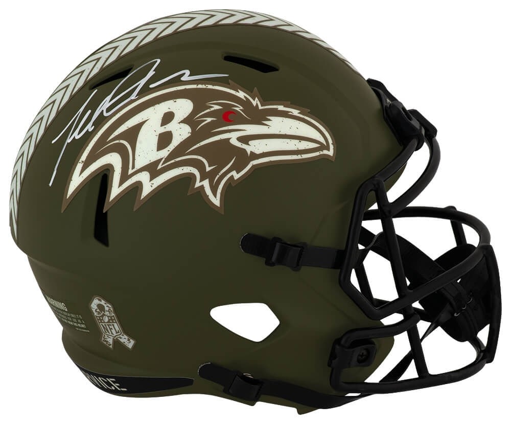 Terrell Suggs Signed Ravens Salute Riddell Helmet with COA: Terrell Suggs Signed Ravens Salute Riddell Helmet with COA This is a Terrell Suggs signed Baltimore Ravens Salute Riddell full size speed replica helmet, a must-have for any football fan or collector.