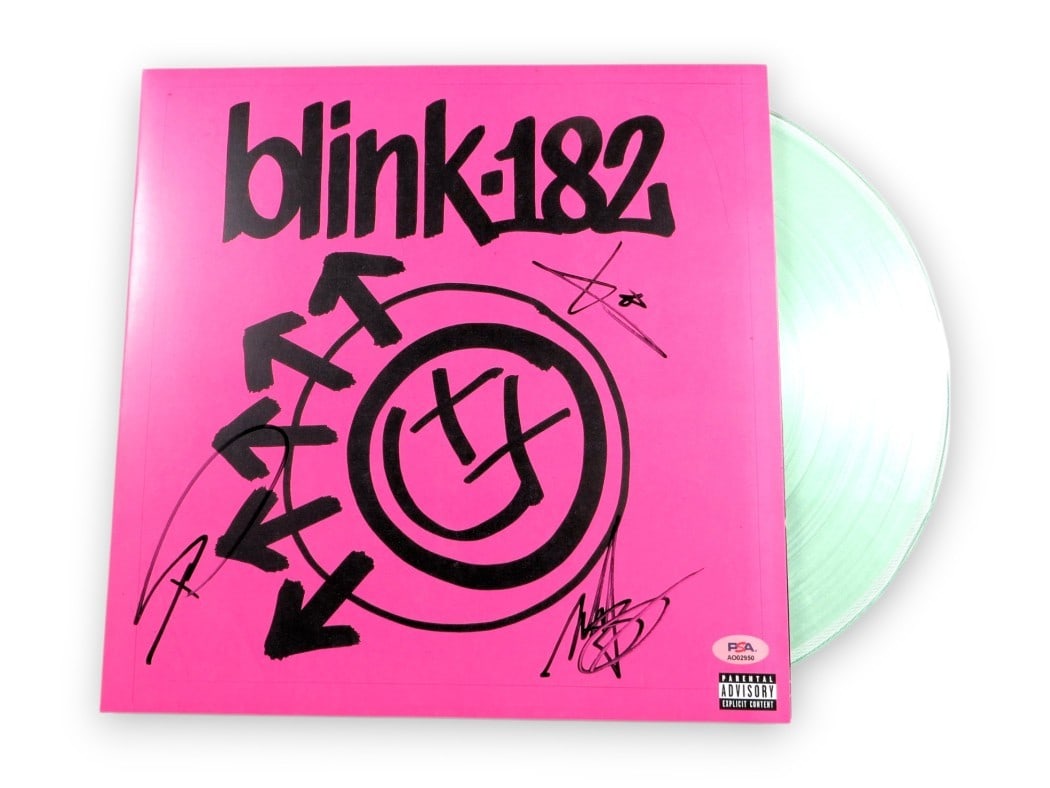 Blink 182 Signed Album Cover Travis Barker Tom DeLonge Mark Hoppus PSA: Blink 182 Signed Album Cover Travis Barker Tom DeLonge Mark Hoppus PSA This collectible Blink 182 album cover is a must-have for fans and collectors alike. Authentically signed by all three band membe