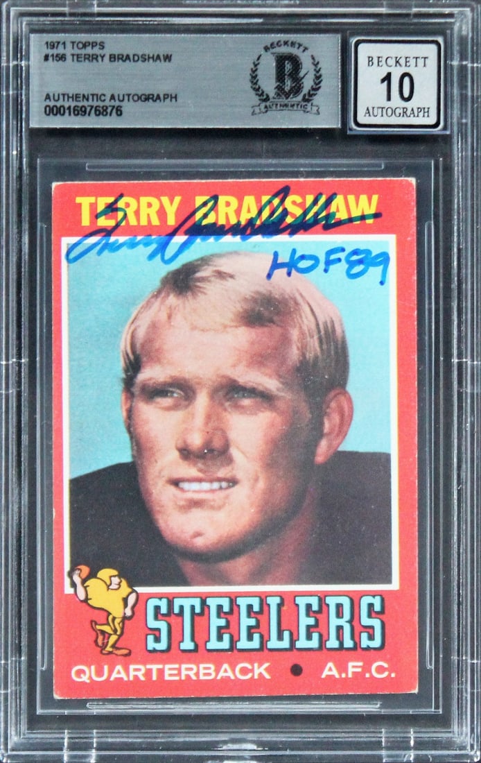 Terry Bradshaw Signed 1971 Topps Rookie Card HOF 89 Gem Mint 10 Beckett: Terry Bradshaw Signed 1971 Topps Rookie Card HOF 89 Gem Mint 10 Beckett This is a 1971 Topps #156 rookie card of Terry Bradshaw, personally signed with the inscription "HOF 89." Graded Gem Mint 10 by 