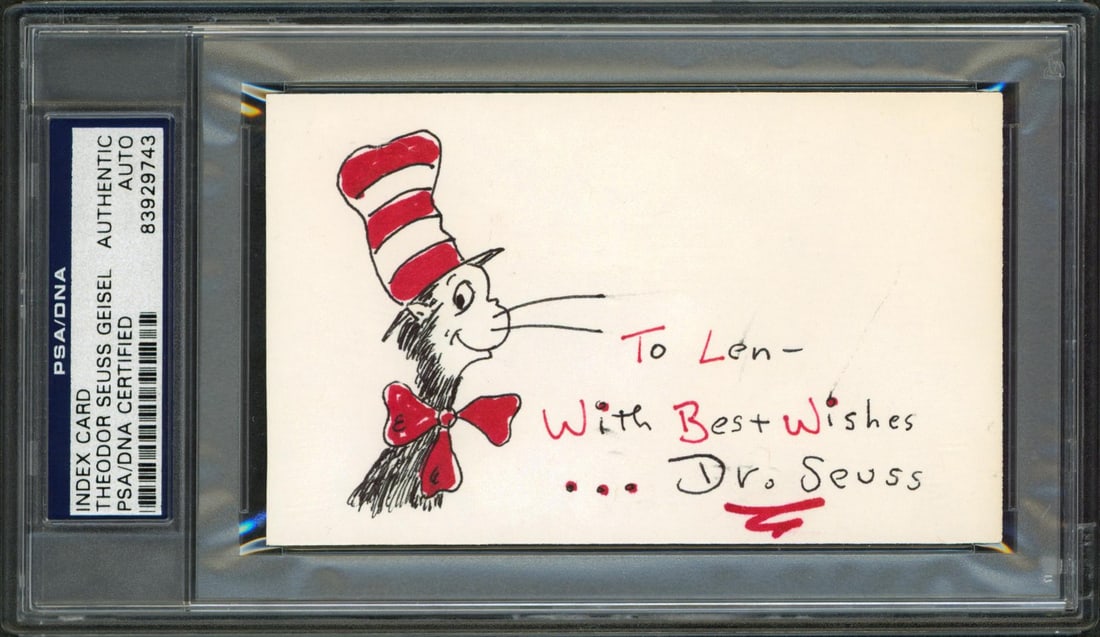 PSA Slabbed Dr Seuss Signed 3x5 Index Card Cat In The Hat Sketch (1 of 2)