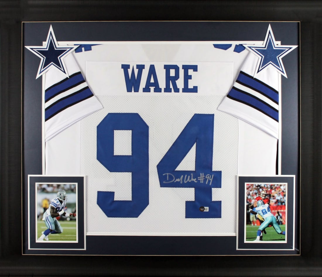 DeMarcus Ware Signed Framed Jersey Dallas Cowboys BAS Witnessed 32 x 37: DeMarcus Ware Signed Framed Jersey Dallas Cowboys BAS Witnessed 32 x 37 This DeMarcus Ware Authentic Signed White Pro Style Framed Jersey is a stunning piece for any Dallas Cowboys fan. Personally sig