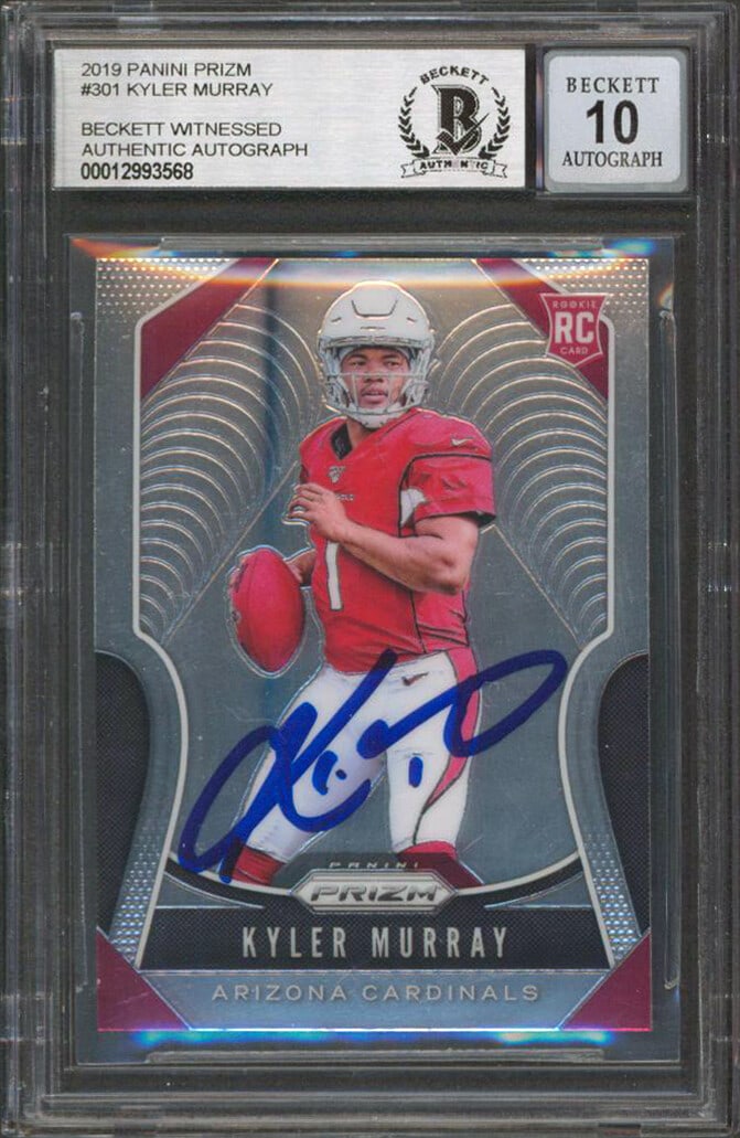 Kyler Murray Signed 2019 Panini Prizm RC Card Gem Mint 10 BAS: Kyler Murray Signed 2019 Panini Prizm RC Card Gem Mint 10 BAS This stunning 2019 Panini Prizm #301 Rookie Card features a Gem Mint 10 grading and has been personally signed by Kyler Murray, quarterbac