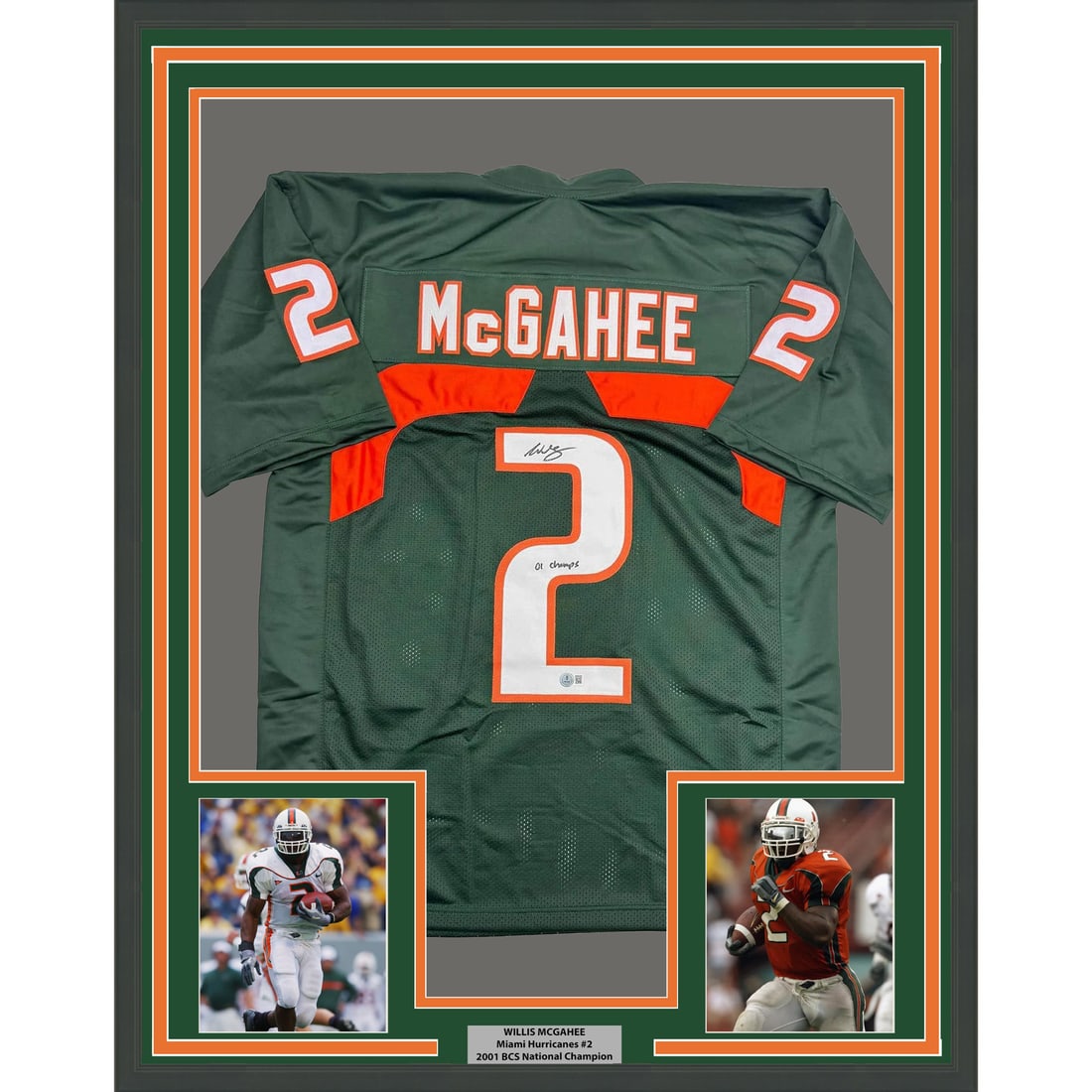 Willis McGahee Signed Miami Hurricanes Green Jersey Framed Display Beckett COA: Willis McGahee Signed Miami Hurricanes Green Jersey Framed Display Beckett COA This framed display features a Miami Hurricanes green jersey autographed by Willis McGahee. The jersey is professionally 