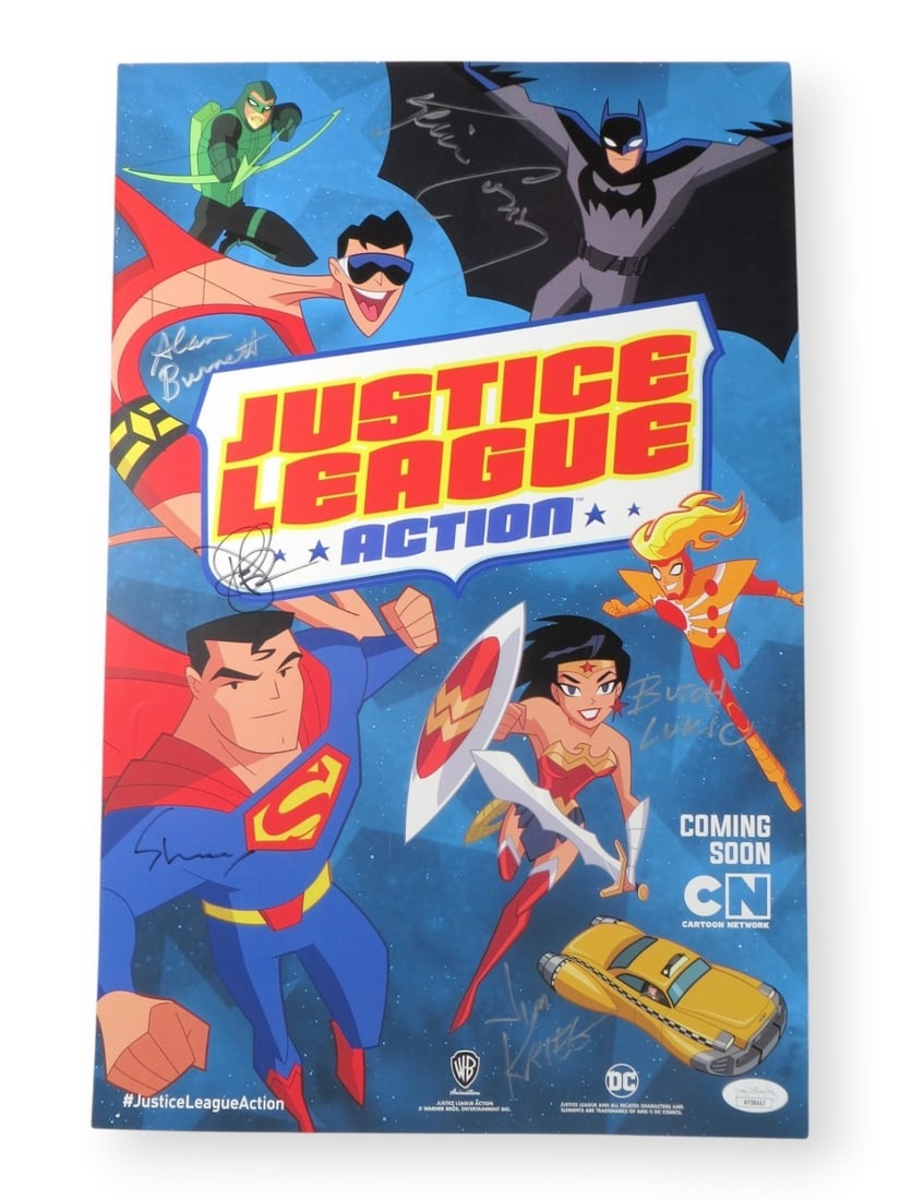 11X17 Justice League Poster Signed by 6 Conroy Burnett Krieg JSA: 11X17 Justice League Poster Signed by 6 Conroy Burnett Krieg JSA Autographed Justice League 11 x 17 poster featuring cast signatures. The poster is original and has been authenticated by James Spence 