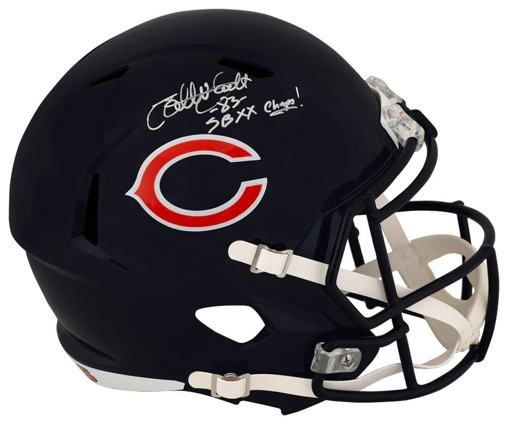 Chicago Bears Full Size Riddell Helmet Signed by Willie Gault with SB XX Champs Inscription: Chicago Bears Full Size Riddell Helmet Signed by Willie Gault with SB XX Champs Inscription This is a Chicago Bears Riddell full size speed replica helmet autographed by Willie Gault. The helmet featu