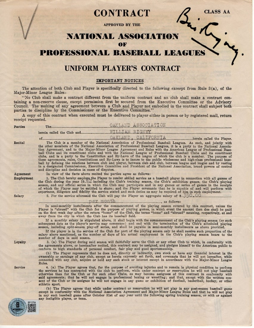 Beckett Authenticated Bill Rigney Baseball Contract Yankees (1 of 3)