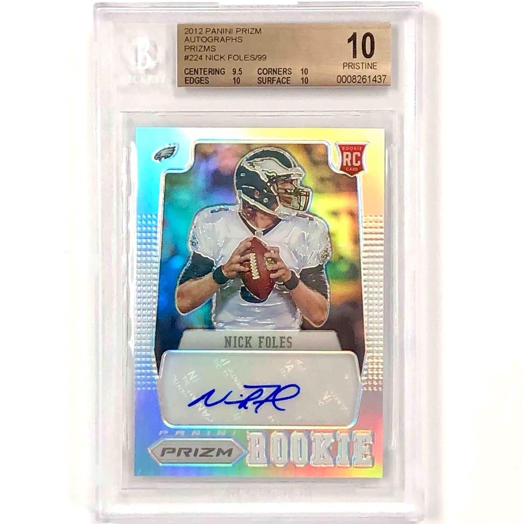 2012 Nick Foles Panini Prizm RC Autograph Silver Holo /99 BGS 10 NFL Card: 2012 Nick Foles Panini Prizm RC Autograph Silver Holo /99 BGS 10 NFL Card This 2012 Panini Prizm Nick Foles rookie card is a standout collectible for any football enthusiast. Graded as a BGS 10 with a