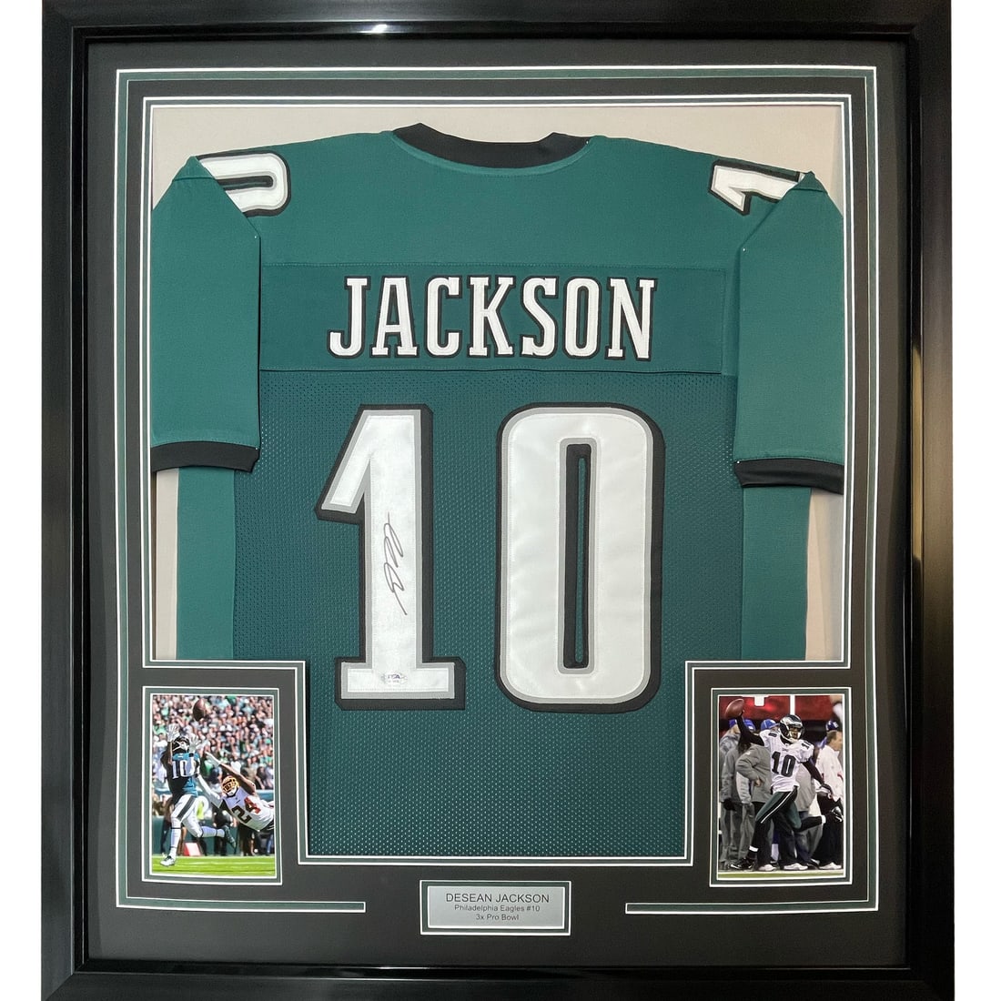 Framed DeSean Jackson Signed Jersey with PSA COA 33x42 Eagles: Framed DeSean Jackson Signed Jersey with PSA COA 33x42 Eagles Celebrate the legacy of DeSean Jackson with this professionally framed and autographed Philadelphia Eagles green jersey. This stunning pie