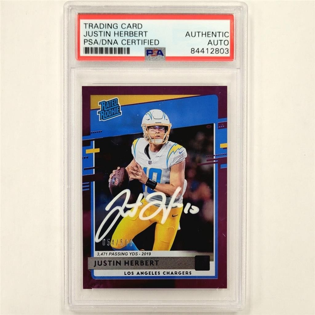 Justin Herbert 2020 Rookie Auto Purple Stat Line #303 /500 PSA: Justin Herbert 2020 Rookie Auto Purple Stat Line #303 /500 PSA This is a collectible Justin Herbert 2020 Panini Rated Rookie Purple Stat Line #303 sports trading card, featuring a hard-signed autograp
