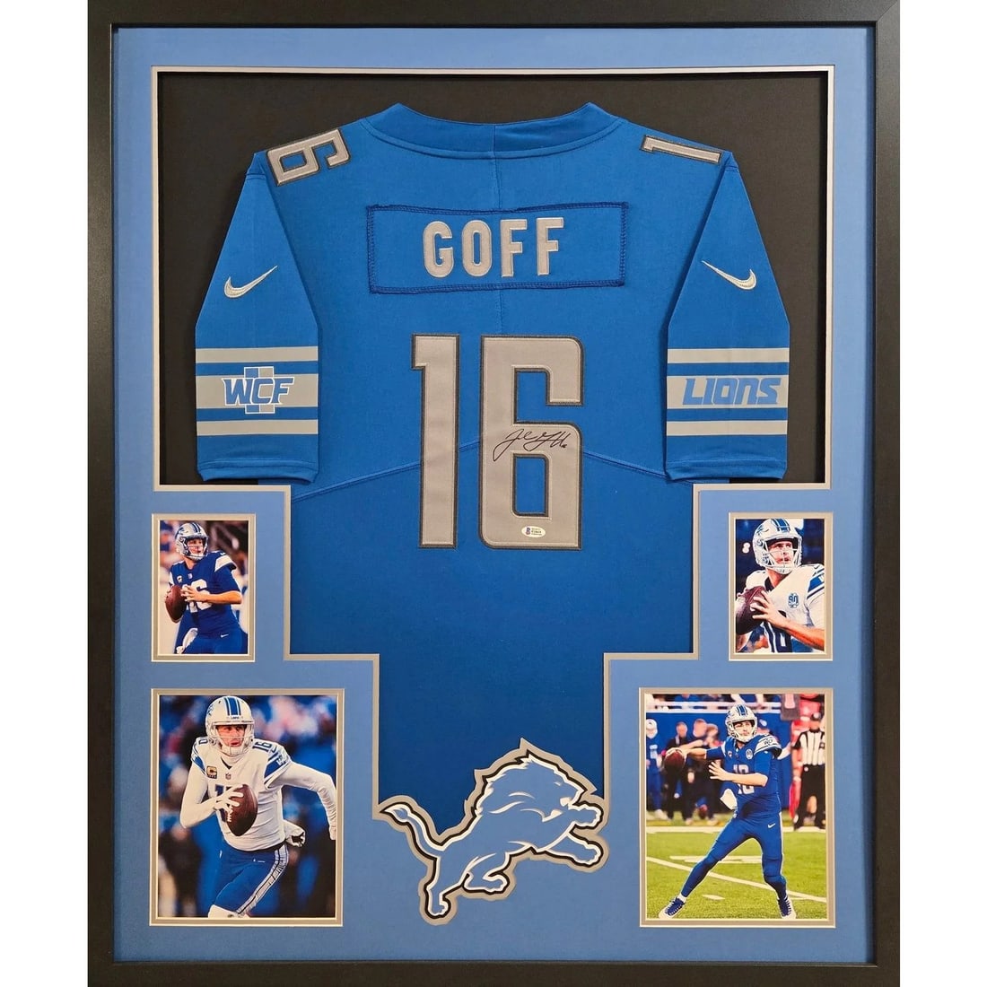 Framed Detroit Lions Jersey Signed by Jared Goff Beckett Authenticated: Framed Detroit Lions Jersey Signed by Jared Goff Beckett Authenticated This framed jersey features the authentic autograph of Jared Goff, quarterback for the Detroit Lions. The jersey is professionall