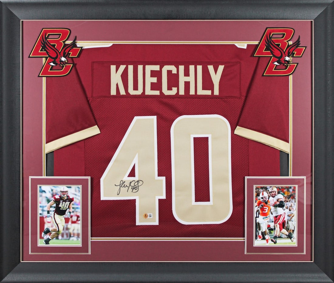Framed Maroon Jersey Signed by Luke Kuechly Boston College BAS: Framed Maroon Jersey Signed by Luke Kuechly Boston College BAS Autographed maroon pro style framed jersey personally signed by Luke Kuechly of the Boston College Eagles. This original football item ha