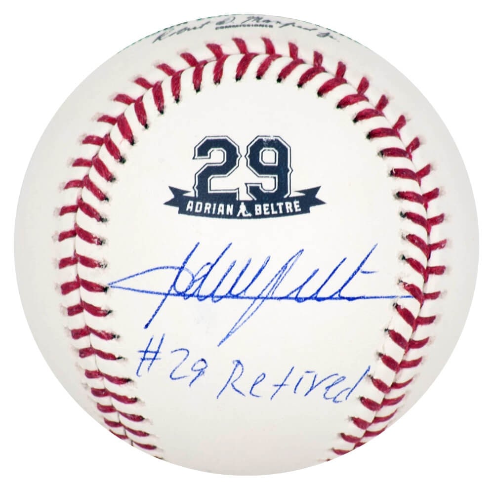 Adrian Beltre Signed Rawlings MLB Baseball with #29 Retired Inscription JSA COA: Adrian Beltre Signed Rawlings MLB Baseball with #29 Retired Inscription JSA COA This Adrian Beltre signed Rawlings retirement logo baseball is a must-have for any baseball fan. Featuring the '#29 Reti