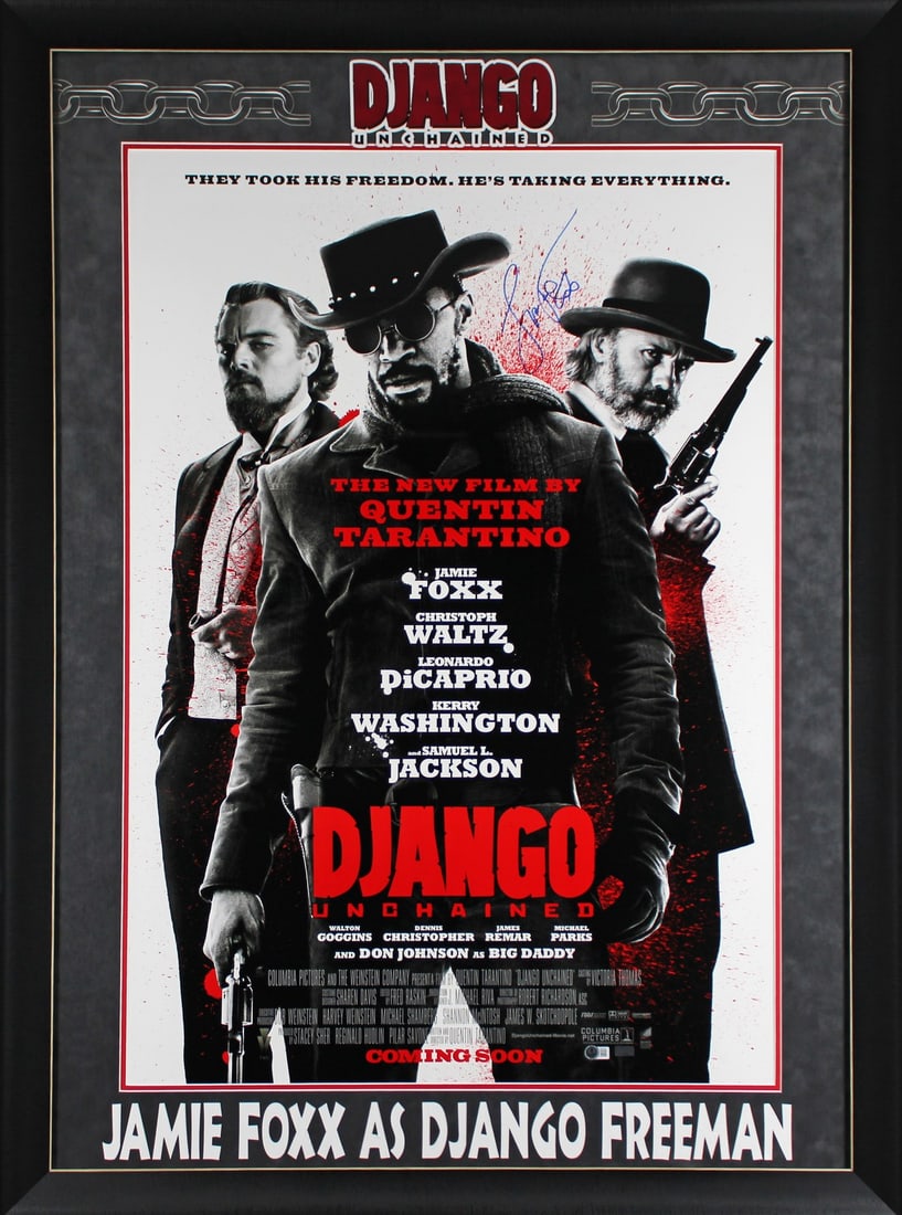 Jamie Foxx Signed Django Unchained Framed Movie Poster 27x40 BAS Authenticated: Jamie Foxx Signed Django Unchained Framed Movie Poster 27x40 BAS Authenticated This stunning 27x40 movie poster of 'Django Unchained' has been personally signed by Jamie Foxx, showcasing his iconic ro