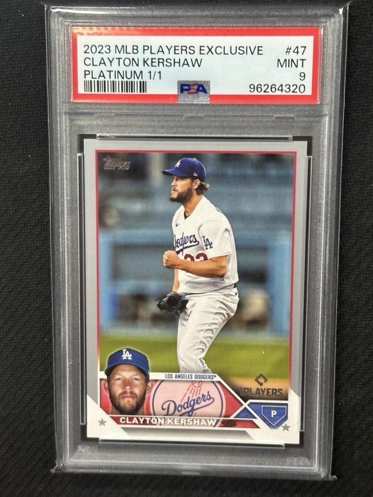 Clayton Kershaw 2023 Topps MLB Player Exclusive Platinum 1/1 PSA 9: Clayton Kershaw 2023 Topps MLB Player Exclusive Platinum 1/1 PSA 9 This exclusive Clayton Kershaw baseball card from Topps is a must-have for fans and collectors alike. Manufactured in 2023, this limi