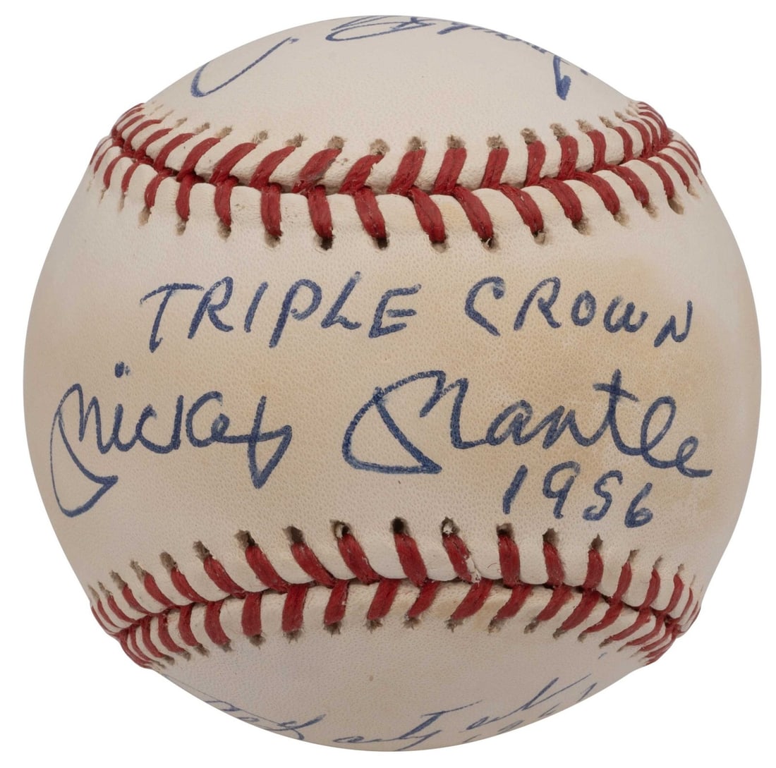 Mickey Mantle 1956 Triple Crown Signed Baseball PSA/DNA with Robinson Yastrzemski: Mickey Mantle 1956 Triple Crown Signed Baseball PSA/DNA with Robinson Yastrzemski This official Rawlings baseball commemorates Mickey Mantle's remarkable achievement as a Triple Crown winner in 1956. 
