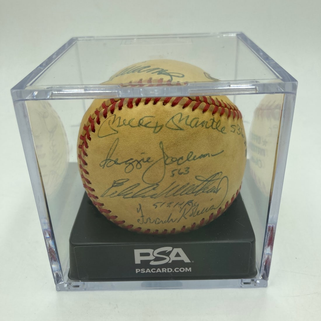 PSA 9 autographed baseball 11 signatures 500 home run legends: PSA 9 autographed baseball 11 signatures 500 home run legends This original baseball features the signatures of 11 legendary players from the 500 Home Run Club, including Mickey Mantle, Ted Williams, 