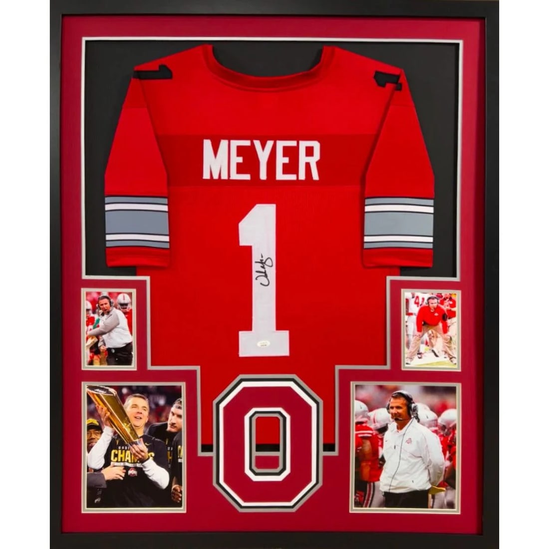 Urban Meyer Autographed Ohio State Framed Jersey JSA Certified 42x34: Urban Meyer Autographed Ohio State Framed Jersey JSA Certified 42x34 This autographed Urban Meyer framed jersey is a must-have for any Ohio State fan. The jersey is professionally authenticated by JSA