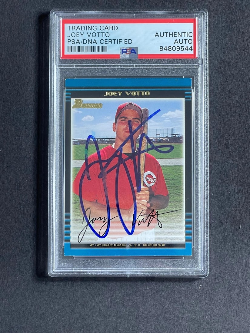 Joey Votto Autographed 2002 Bowman Draft Prospects Card PSA Authenticated: Joey Votto Autographed 2002 Bowman Draft Prospects Card PSA Authenticated This is a 2002 Topps Bowman Draft Prospects #BDP44 baseball trading card featuring Joey Votto of the Cincinnati Reds. The card