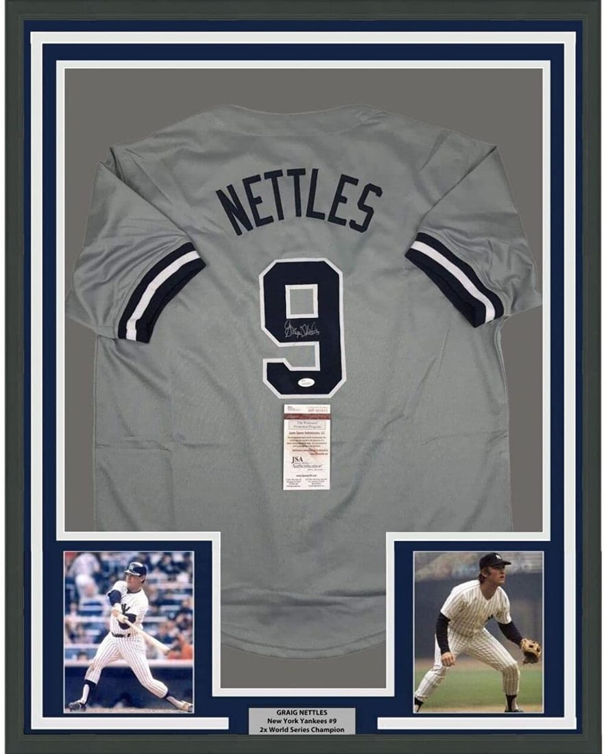 Graig Nettles signed framed grey Yankees jersey JSA COA 33x42 with 2 photos: Graig Nettles signed framed grey Yankees jersey JSA COA 33x42 with 2 photos This professionally framed and matted New York Yankees grey jersey is autographed by Graig Nettles. The display includes two