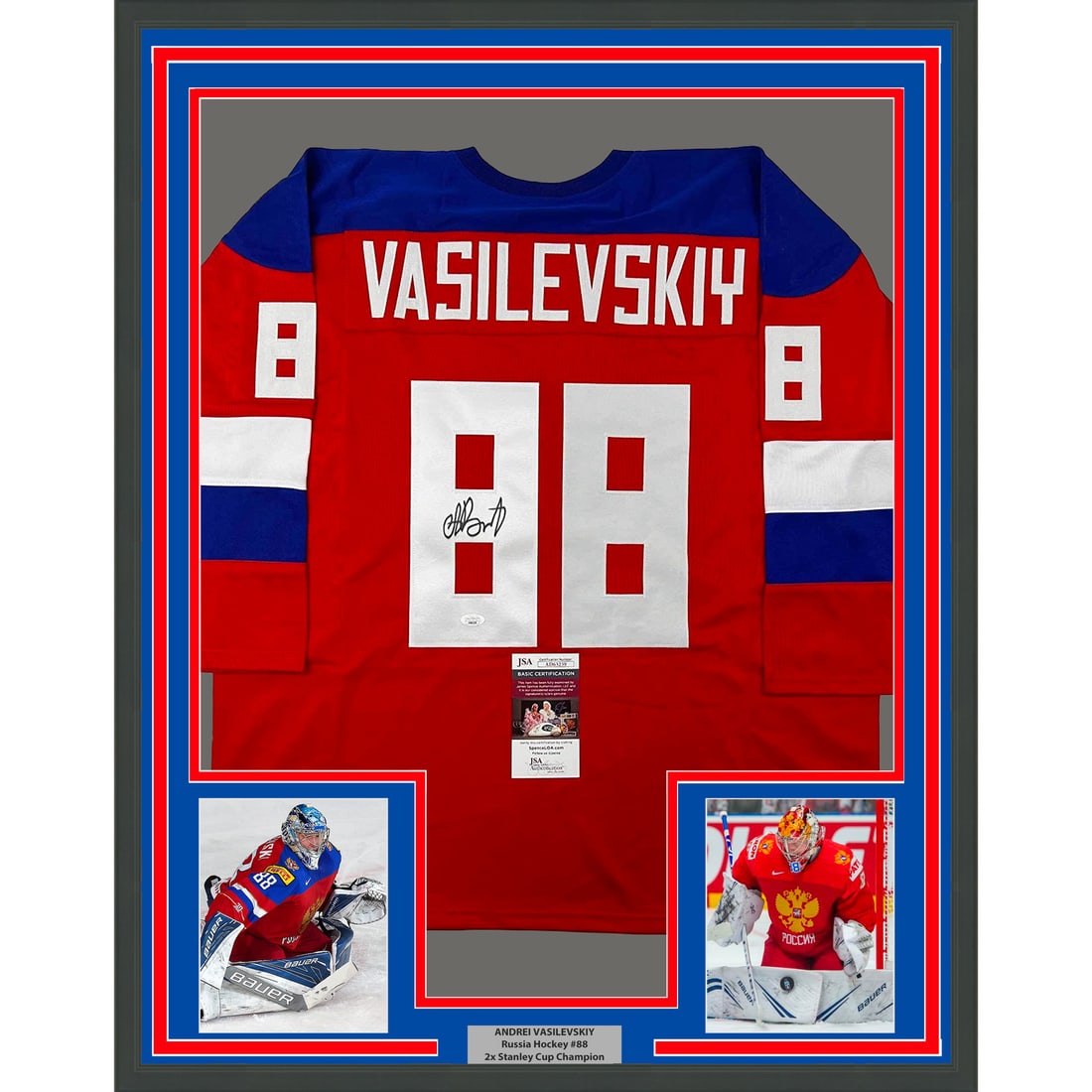 Framed Andrei Vasilevskiy Autographed Russia Red Jersey JSA COA: Framed Andrei Vasilevskiy Autographed Russia Red Jersey JSA COA Showcase your love for hockey with this professionally framed and autographed Andrei Vasilevskiy jersey. This original item features a v