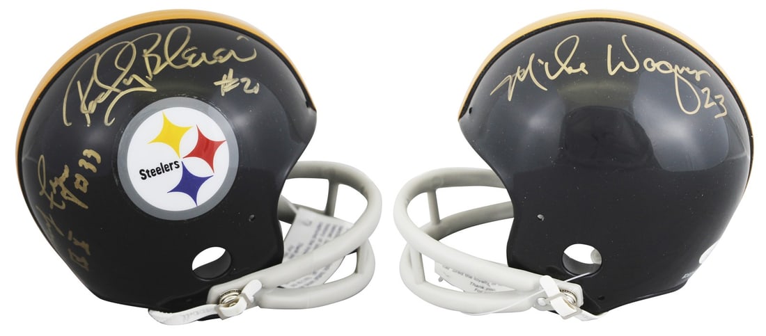 Pittsburgh Steelers VSR4 mini helmet signed by Bleier Wagner Fuqua JSA: Pittsburgh Steelers VSR4 mini helmet signed by Bleier Wagner Fuqua JSA Autographed VSR4 replica mini helmet signed by Rocky Bleier, Mike Wagner, and John "Frenchy" Fuqua of the Pittsburgh Steelers. Th