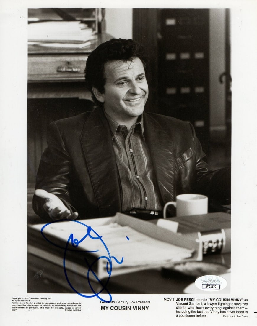 Authentic Joe Pesci Signed 8x10 My Cousin Vinny Photo JSA Authenticated: Authentic Joe Pesci Signed 8x10 My Cousin Vinny Photo JSA Authenticated This is an original 8x10 photograph from "My Cousin Vinny," autographed by Joe Pesci. The signature has been authenticated by Ja