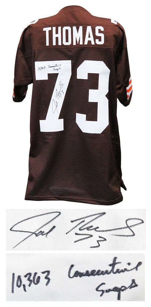 Joe Thomas Signed Browns Jersey with 10,363 Consecutive Snaps Inscription: Joe Thomas Signed Browns Jersey with 10,363 Consecutive Snaps Inscription This is an original Joe Thomas signed Cleveland Browns custom football jersey, featuring the inscription '10,363 Consecutive S