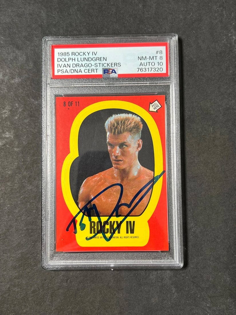 Dolph Lundgren signed 1985 Topps Rocky IV PSA 8 sticker (1 of 2)