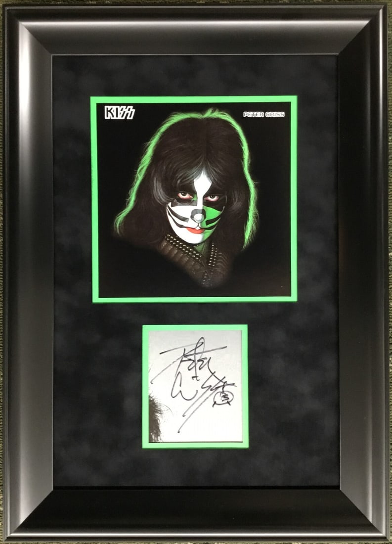 Peter Criss Signed Display with Drum Symbol JSA Authenticated Framed 23 x 17: Peter Criss Signed Display with Drum Symbol JSA Authenticated Framed 23 x 17 This professionally framed display features a cut signature from Peter Criss, the original drummer of the legendary rock ba