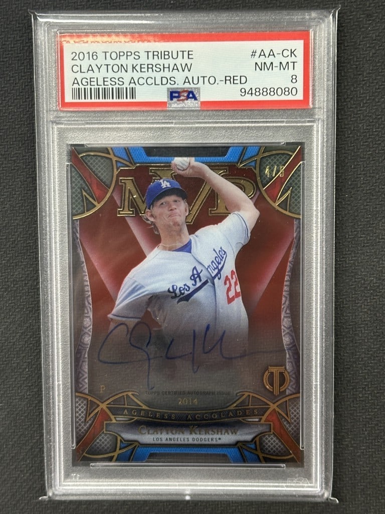 Clayton Kershaw 2016 Topps Tribute Red Auto PSA 8 #AA-CK: Clayton Kershaw 2016 Topps Tribute Red Auto PSA 8 #AA-CK This is a 2016 Topps Tribute Ageless Accolades baseball card featuring Clayton Kershaw of the Los Angeles Dodgers. This remarkable card is grad