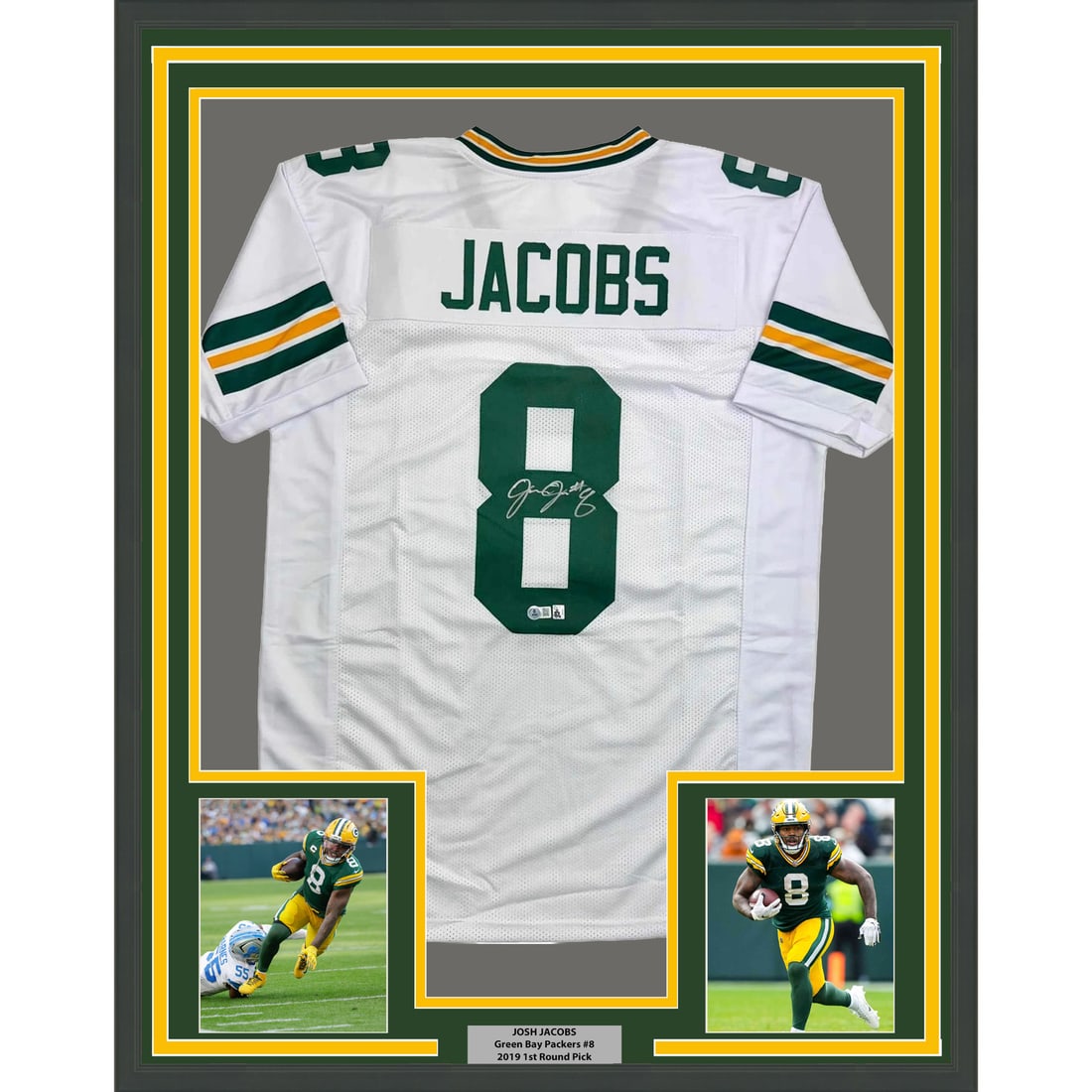 Josh Jacobs Signed Green Bay Packers White Jersey Framed 35x39 Beckett COA: Josh Jacobs Signed Green Bay Packers White Jersey Framed 35x39 Beckett COA This is a framed, autographed Josh Jacobs Green Bay Packers white jersey, measuring 35x39 inches. The jersey is professionall