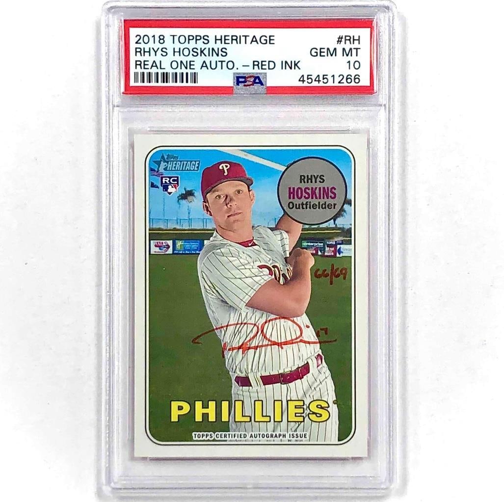 2018 Topps Heritage Rhys Hoskins Red Ink Autograph RC PSA 10: 2018 Topps Heritage Rhys Hoskins Red Ink Autograph RC PSA 10 This 2018 Topps Heritage Rookie Card features a hard-signed autograph from Rhys Hoskins, a standout player for the Philadelphia Phillies. G