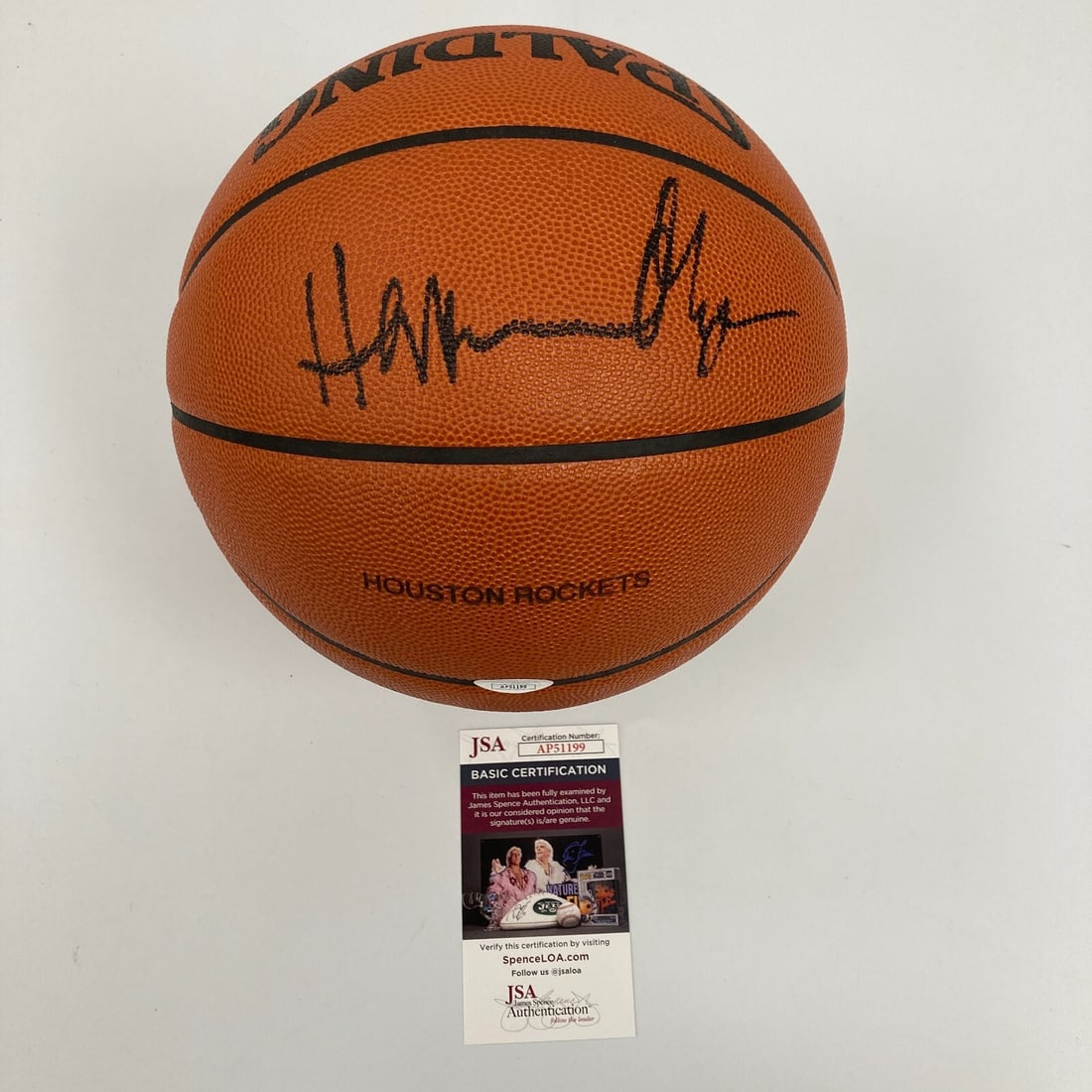 Hakeem Olajuwon Signed Spalding NBA Basketball JSA Houston Rockets: Hakeem Olajuwon Signed Spalding NBA Basketball JSA Houston Rockets Own a piece of basketball history with this Hakeem Olajuwon signed Spalding NBA game-issued basketball. This authentic ball features 