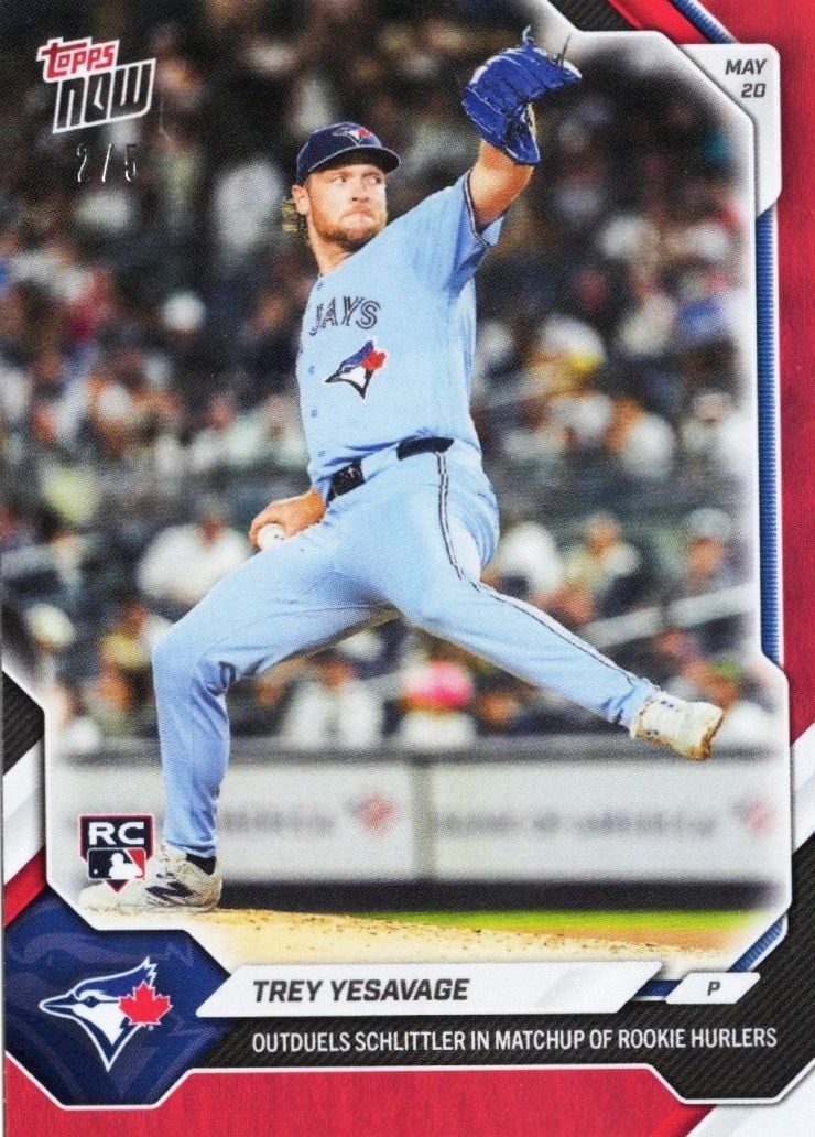 Topps Now 2026 #225 Trey Yesavage RC Red Foil /5: Topps Now 2026 #225 Trey Yesavage RC Red Foil /5 2026 Topps Now Trey Yesavage #225 Red Foil /5 rookie baseball card. This pre-owned sports trading card features Trey Yesavage of the Toronto Blue Jays 