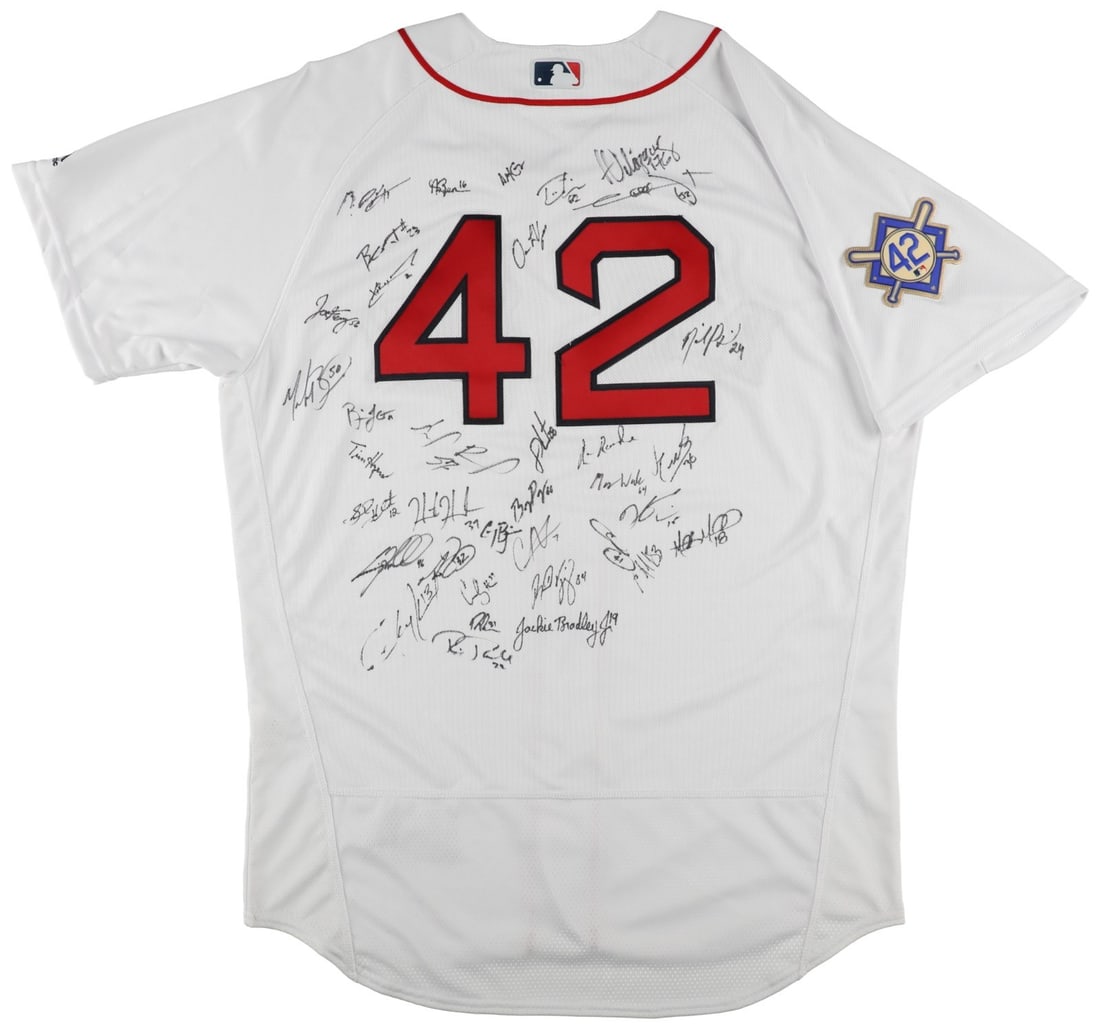MLB Authenticated 2018 Red Sox Team Autographed Jackie Robinson Day Jersey: MLB Authenticated 2018 Red Sox Team Autographed Jackie Robinson Day Jersey This is a Boston Red Sox Jackie Robinson Day jersey commemorating the 2018 World Series champions, signed by 36 members of th