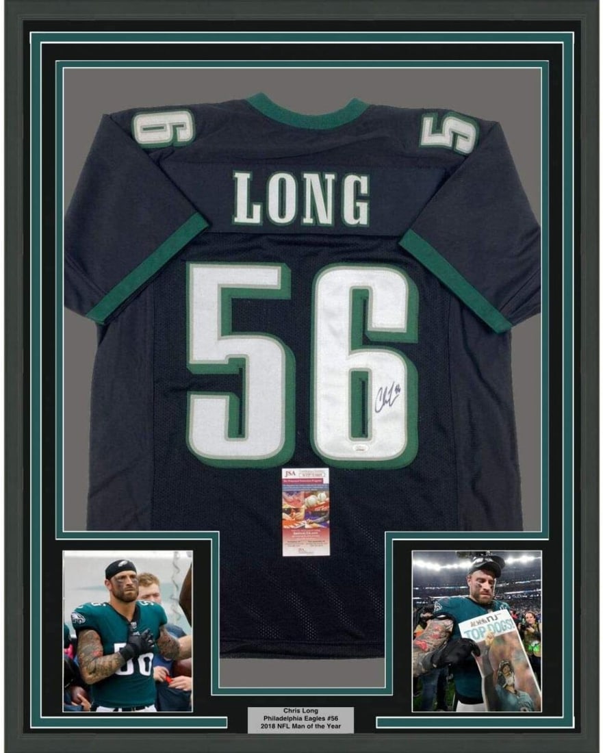 Framed Autographed Chris Long Jersey 33x42 Philadelphia Eagles JSA COA Gem Mint: Framed Autographed Chris Long Jersey 33x42 Philadelphia Eagles JSA COA Gem Mint This professionally framed and matted display features an authentic autographed jersey of Chris Long, a standout player 
