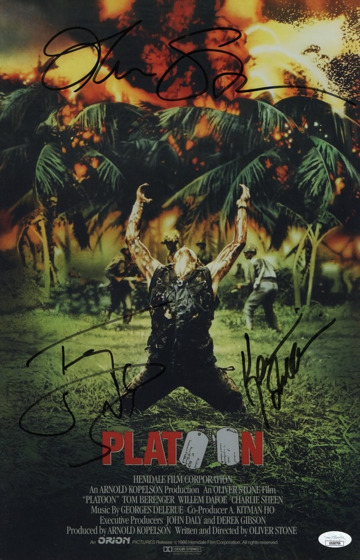 11x17 Photograph Signed by Platoon Cast with Oliver Stone JSA Authenticated: 11x17 Photograph Signed by Platoon Cast with Oliver Stone JSA Authenticated This is an original 11x17 photograph from the film Platoon, signed by Oliver Stone, Kevin Dillon, and Tony Todd. The autogra