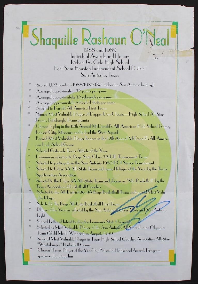 12x17.75 Shaquille O'Neal autographed high school awards poster Beckett (1 of 6)