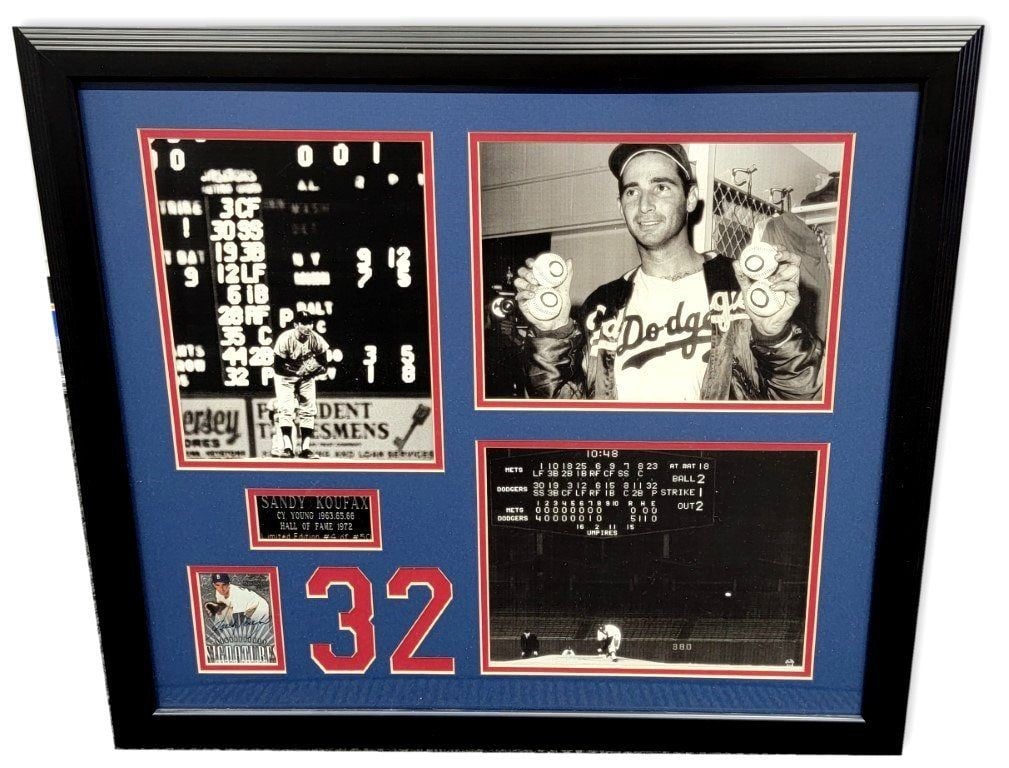 Sandy Koufax Autographed Framed Photo Collage Dodgers 23x25: Sandy Koufax Autographed Framed Photo Collage Dodgers 23x25 Celebrate the legendary Sandy Koufax with this stunning autographed framed card photo collage. This original piece features a signed card fr