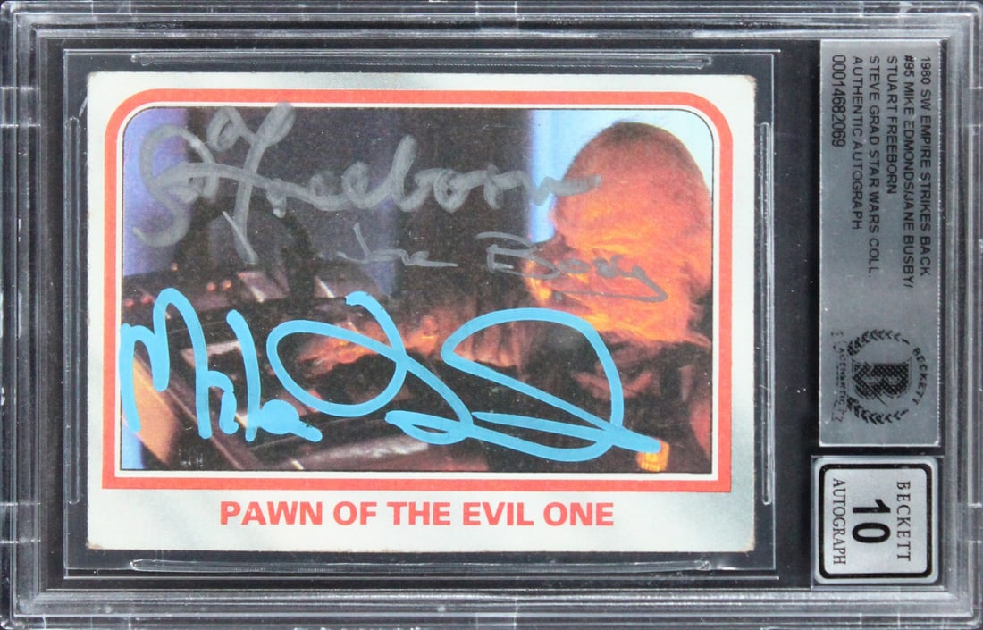 Beckett Authenticated Star Wars ESB 1980 #95 Signed Card Stuart Freeborn: Beckett Authenticated Star Wars ESB 1980 #95 Signed Card Stuart Freeborn Original 1980 Star Wars: The Empire Strikes Back #95 card signed by Stuart Freeborn. The autograph has received a Gem Mint 10 g